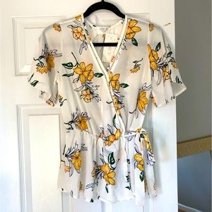 White lightweight top with yellow floral print